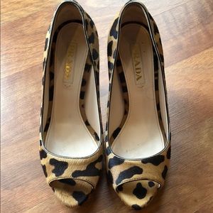 Prada calf hair leopard print open toe pumps 37.5
